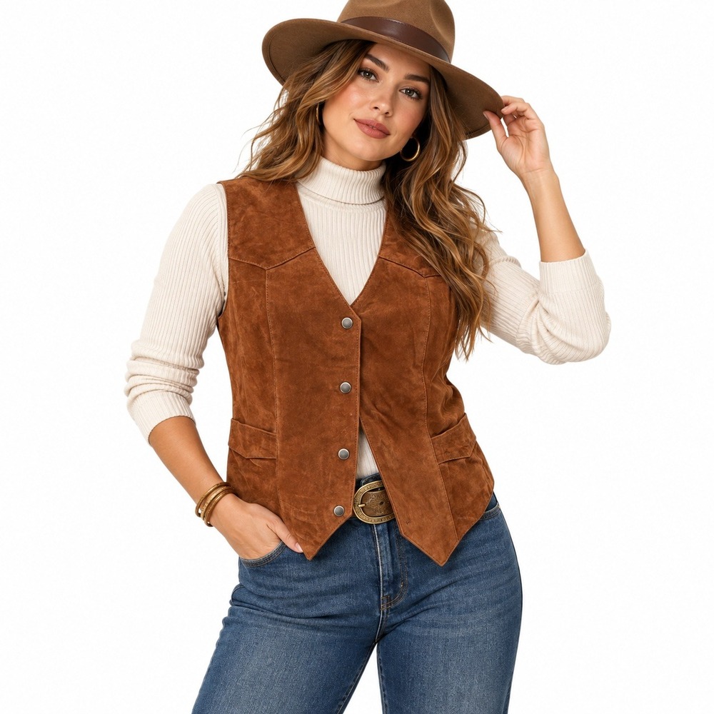 Red Ranch Women's Suede Vest Large Brown Western Suede Leather Snap Button 90s